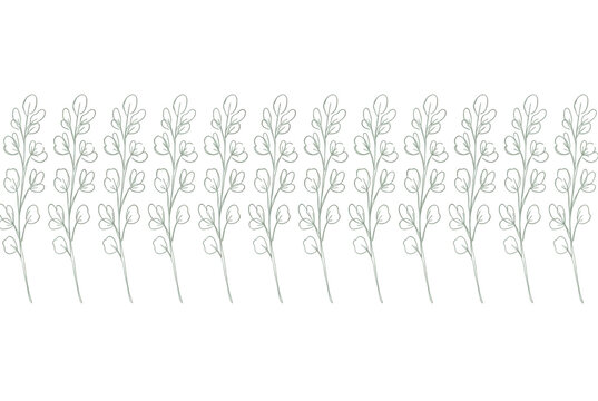Motivo decorativo a linea continua con una serie ripetuta di rami di eucalipto stilizzati su sfondo bianco, ideale per design minimalista, cancelleria, inviti di nozze o elementi grafici eleganti.