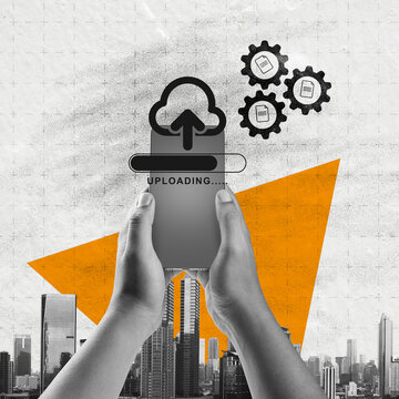 Collage of hands holding a smartphone uploading files to cloud storage, featuring a city skyline, gear icons, and an orange triangle. Concept of cloud computing storage and digital storage technology