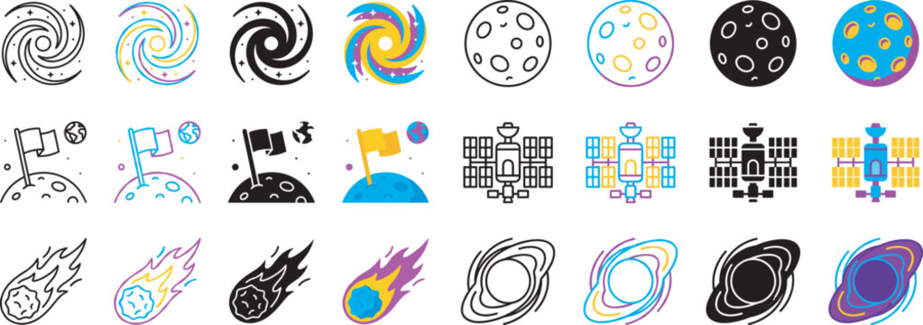 Adobe Illustrator Galaxy Swirl Moon Flag Solar Panel Satellite Array Rocket Ignition, Hand Drawn Vintage Retro Planet Orbit Space Exploration Lunar Surface Sticker CollectionArtwork