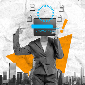 Conceptual art collage of a businesswoman with a tablet head uploading data, set against a city skyline with digital icons. Concept of cloud computing storage and digital storage technology