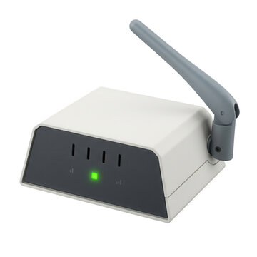 Dispositivo modem router wireless bianco e grigio con antenna orientabile e luce LED verde attiva, isolato su sfondo bianco per concetti di rete e connettivit&agrave;.