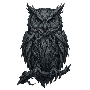 Illustrazione dettagliata di un gufo oscuro con texture simile a corteccia d'albero, appollaiato su un ramo secco, isolato su sfondo bianco.