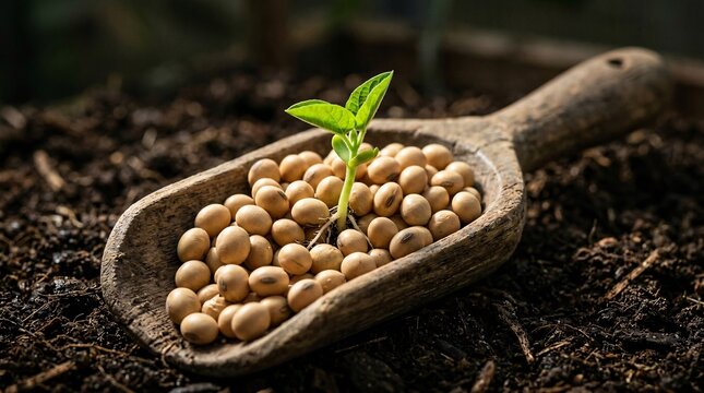 Green soybean seedling sprouting from tan soybeans in rustic wooden scoop on dark soil, dramatic spotlight, agricultural macro close-up.