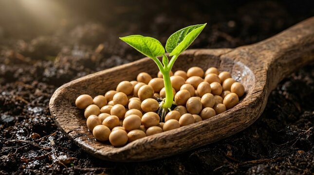 Green soybean seedling sprouting from tan soybeans in rustic wooden scoop on dark soil, dramatic spotlight, agricultural macro close-up.