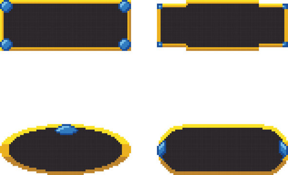 Set of four pixel ui frames with dark centers, gold borders, and blue gem accents for game interfaces and menu