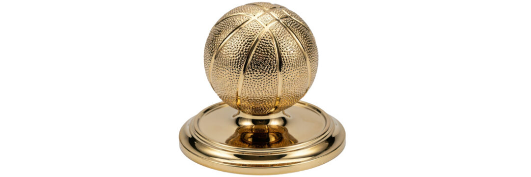 Shiny gold metal basketball shaped cabinet knob with round base plate isolated on a transparent background