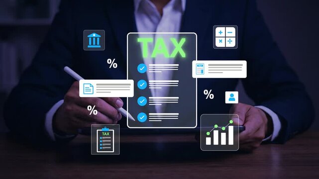 Online Tax Filing and Tax Planning Concept with Digital Accounting and Financial Technologywith icons of checklist, percentage, and finance. Concept for online tax filing, accounting, fintech, and dig