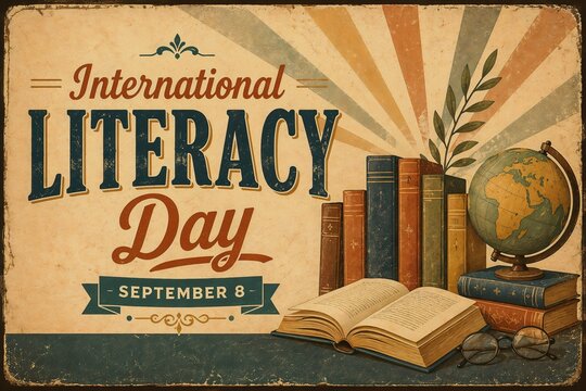 International Literacy Day Poster with Books, Globe and Reading Education Concept &ndash; September 8 Vintage Design