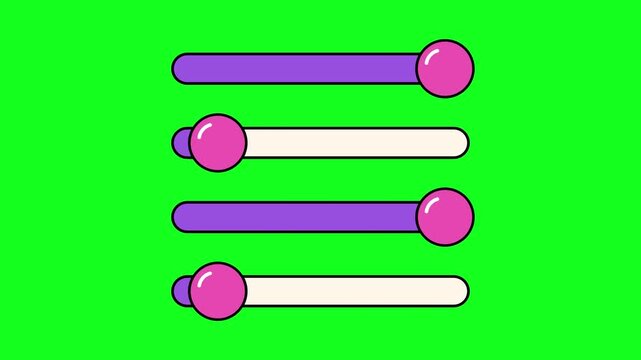 Colorful cartoon style UI slider control animation with round buttons on a green screen background, perfect for user interface design, customization, and progress bars in digital applications.