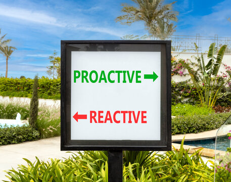 Proactive and reactive symbol. Concept word Proactive Reactive on beautiful white road sign. Beautiful palm trees background. Business proactive and reactive concept. Copy space.