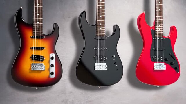 Three electric guitars hanging side-by-side against neutral textured wall with soft directional lighting and glossy finishes, with guitar, electric, instrument, sunburst detail