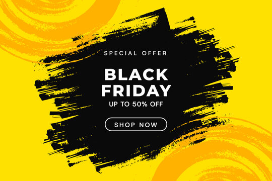 Black Friday Sale Banner Background Template with Brush Stroke Texture and Yellow Abstract Swirl for Discount Special Offer Promotion