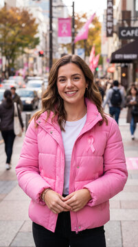 Young woman posing for "October campaign" with a pink ribbon on her jacket, city background, Pink October Breast Cancer Prevention Awareness