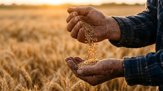 Farmer hands pouring golden wheat grains in a field at sunset for harvest quality check