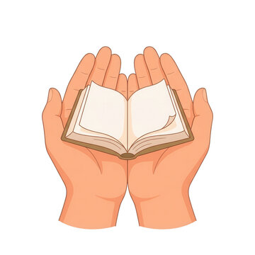 Illustrazione vettoriale di un paio di mani aperte che sostengono delicatamente un libro aperto con pagine bianche vuote, simbolo di conoscenza, istruzione, apprendimento e cura per la lettura.