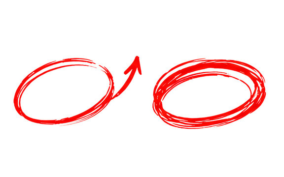 Red textured oval marker highlights featuring an upward curve arrow and dense scribble loop