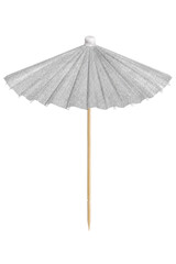Small silver glitter cocktail umbrella with a wooden stick is isolated on a clean white background © Chinases
