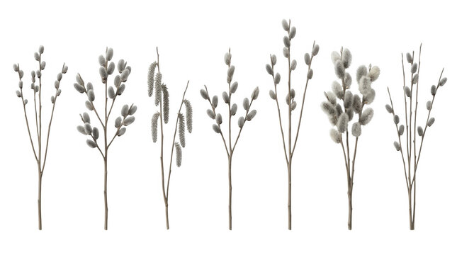 Set di rami di salice con amenti primaverili e gemme morbide isolati su sfondo bianco, perfetto per decorazioni pasquali e design botanico.