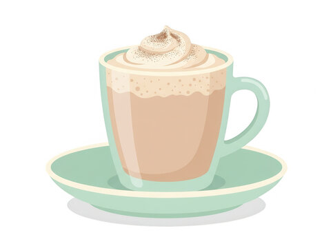 Illustrazione vettoriale di una tazza di cappuccino caldo con panna montata e cacao, servita in una tazzina di vetro verde chiaro con piattino coordinato.