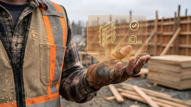 Construction worker holding futuristic holographic interface display showing wall insulation and quality control icons at building site with futuristic technology