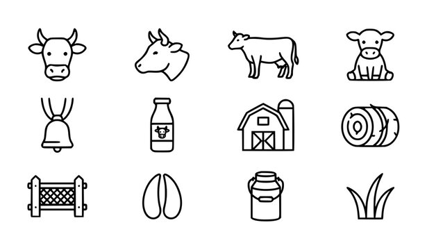 Cow and Cattle Farm Icons Set Editable Vector Line Illustration