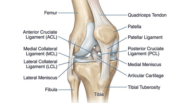 Medical illustration of human knee joint anatomy with labeled ligaments