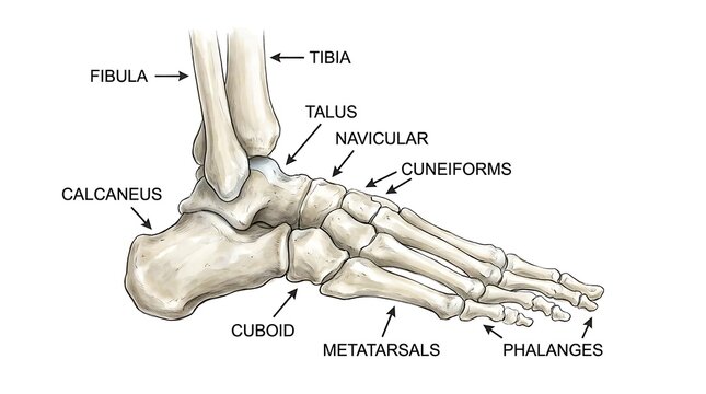 Detailed medical diagram of human foot skeleton bones and structure side view