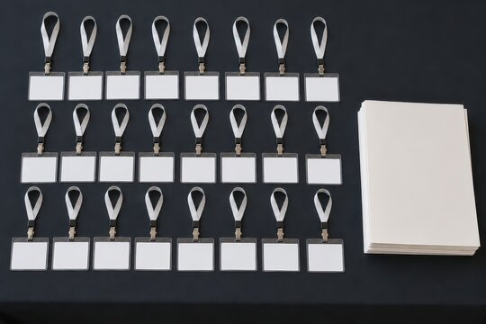 Blank name badges laid out in rows on a registration table