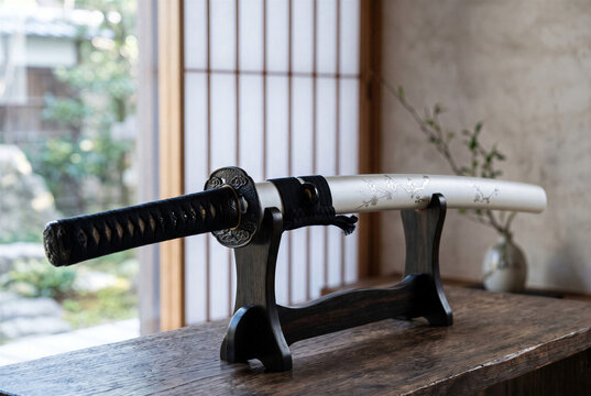 Traditional Japanese samurai katana sword and tsuba on wood stand, elegant scabbard blade weapon display.