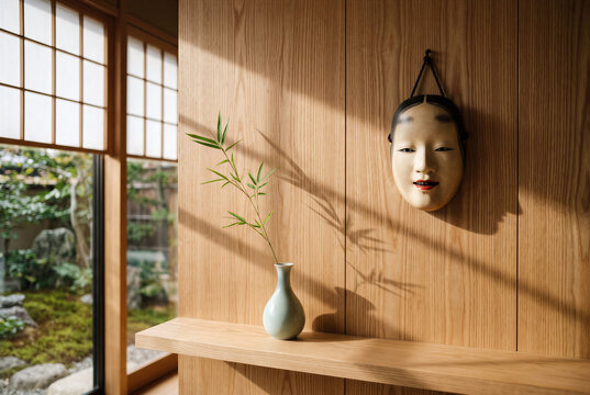 Traditional japanese zen interior with shoji window, wooden wall hanging noh mask, bamboo vase casting sun shadow.