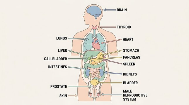 Educational anatomical diagram of human internal organs and body systems