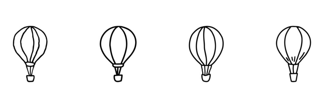 Hot Air Balloon Hand Drawn Doodle Icon Set. Flight, Adventure, Travel And Festival Sketch Symbol Collection. Travel And Leisure. Isolated Vector Illustration