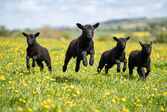 Playful black sheep and lamb running, jumping in spring pasture meadow field with yellow buttercup.