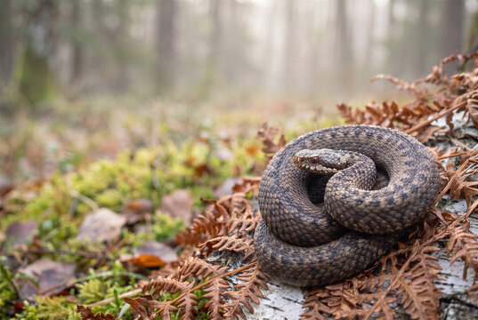 Coiled European adder viper snake, Vipera berus reptile on birch bark among forest fern in a wildlife scene.