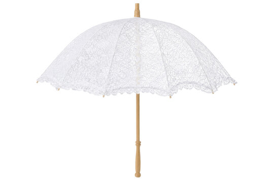 Beautiful white lace parasol with a wooden handle, featuring intricate floral patterns and delicate scalloped edges, isolated on a clean white background