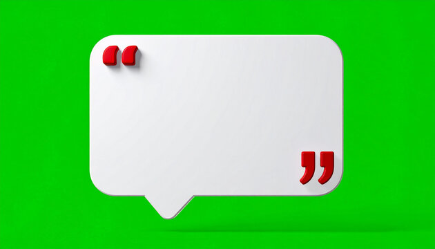 Blank White Speech Bubble with Red Quotation Marks on a Vibrant Green Screen Background for Copy Space