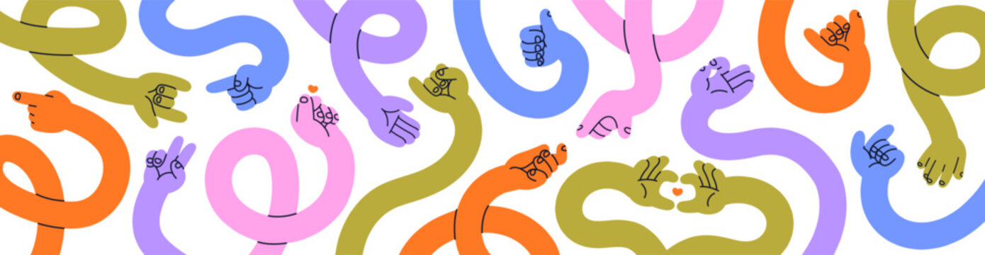 Banner with colourful flexible arms. Set of abstract hands showing different signs, heart, ok, and aloha. Doodle gestures and pointing fingers. Flat isolated vector illustration on white background