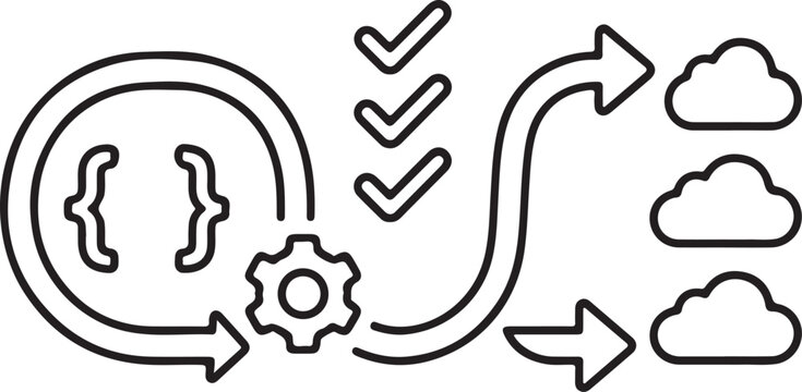 Software development workflow process and cloud deployment pipeline icon with development