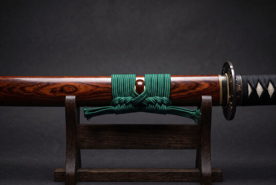 Traditional Japanese samurai katana sword on wood stand, showcasing craft scabbard and green sageo.