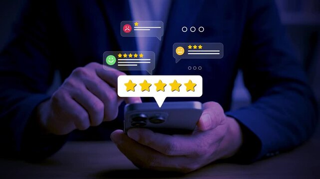 Businessman using smartphone with customer review rating, online feedback system, and user experience evaluation concept for digital marketing, service improvement, and brand reputation