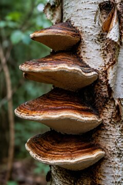 Bracket fungus shelves stepping up a dead birch trunk