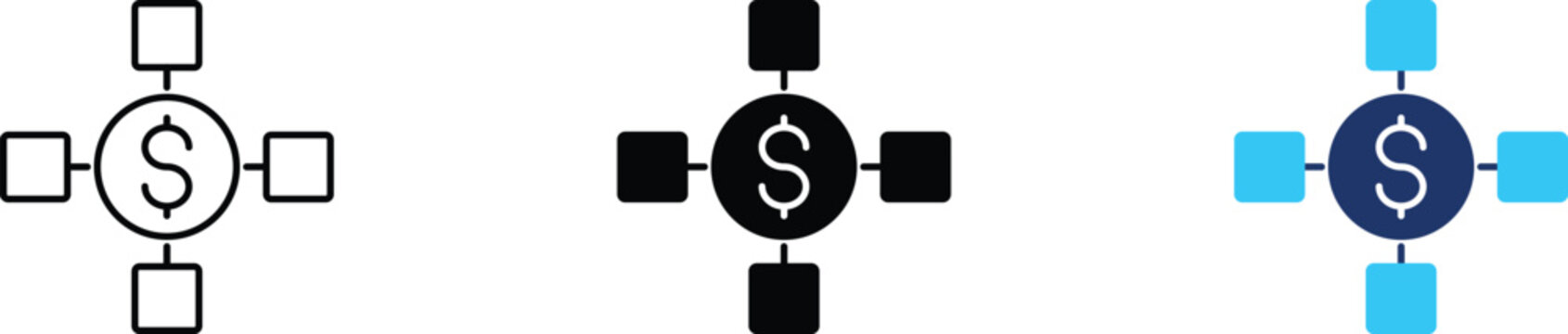 Financial network icon representing money flow, centralized banking, dollar transaction and investment distribution. Symbol of payment system, crowdfunding, financial node and capital structure.