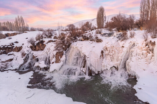 Muradiye Waterfall winter view in Van Province of Turkey