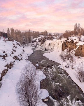 Muradiye Waterfall winter view in Van Province of Turkey