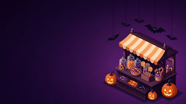 Isometric Halloween Candy Shop Background Copy Space, Flat Vector Illustration for Trick or Treat Sale Promotion Template