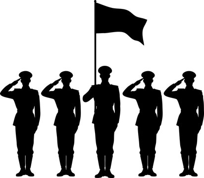 five soldiers saluting in line military silhouette