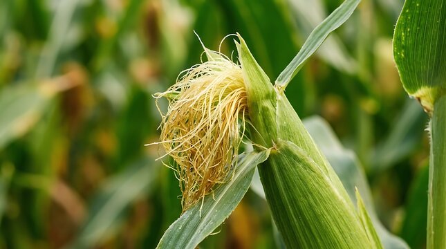 Close up of a single green corn cob growing in a field with silky threads