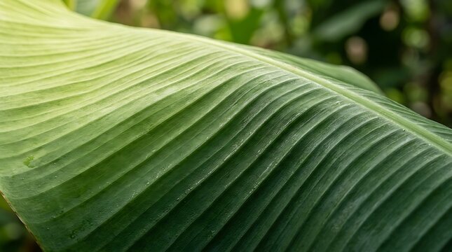 Close up of a vibrant green banana leaf showing detailed texture and parallel leaf veins in a tropical garden
