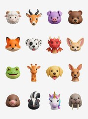 Fototapeta premium Set of 16 Cute 3D Animal Head Icons and Emojis Including Dragon, Unicorn, and Wildlife Characters Isolated on White Background