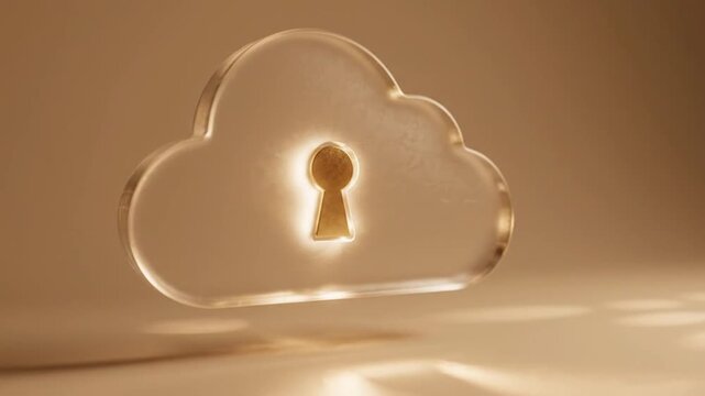 The video depicts a translucent cloud icon with a glowing keyhole, representing secure cloud storage. It hovers over a warm, golden surface with soft light reflections.